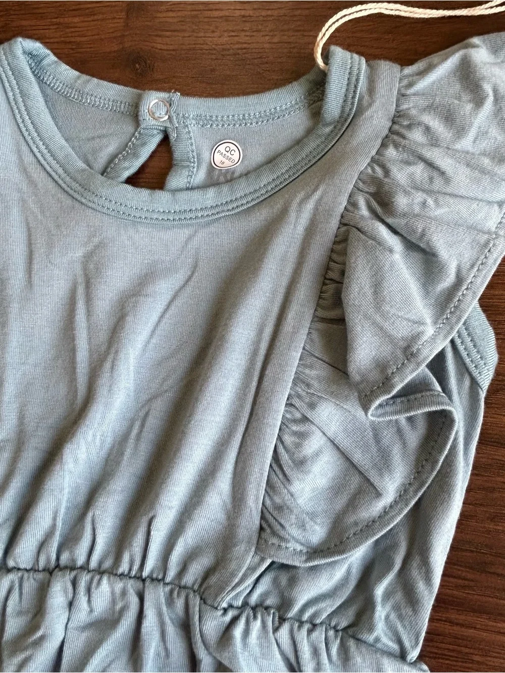 Kyte Short Sleeve Bubble Romper with Ruffles in Dusty Blue 6-12m